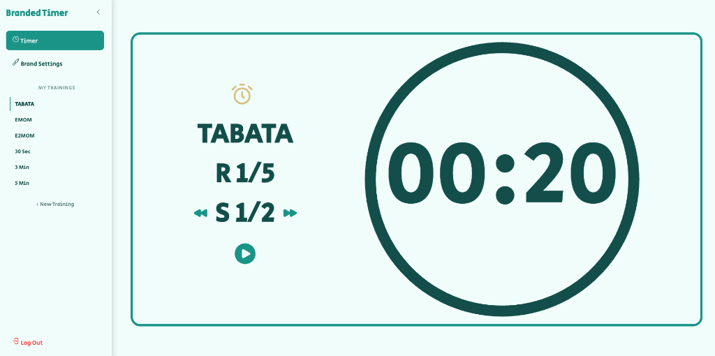 Branded Timer interface on a tablet showing custom studio colors and professional branding